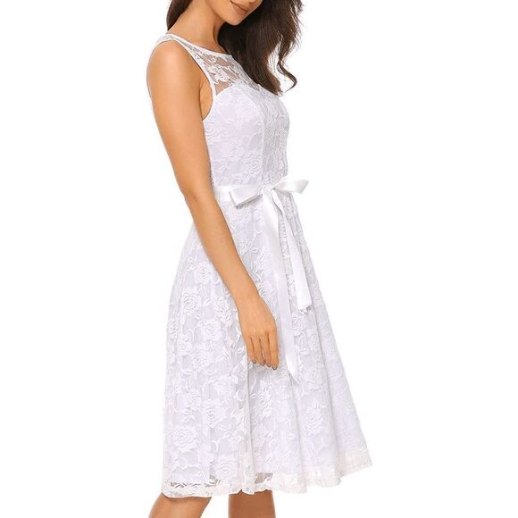 White Lace Wedding Party Bride Sleeveless Formal Elegant Dress w/Belt XXL NWT - Picture 7 of 12